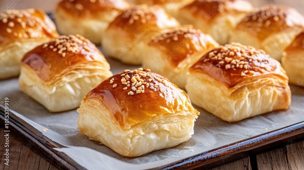 Enjoy a close-up of classic baklava with a golden glaze, nestled among fresh mint and nuts on a baking tray, perfect for a national holiday iftar celebration Enjoy a close-up of classic baklava with a golden glaze, nestled among fresh mint and nuts on a baking tray, perfect for a national holiday iftar celebration