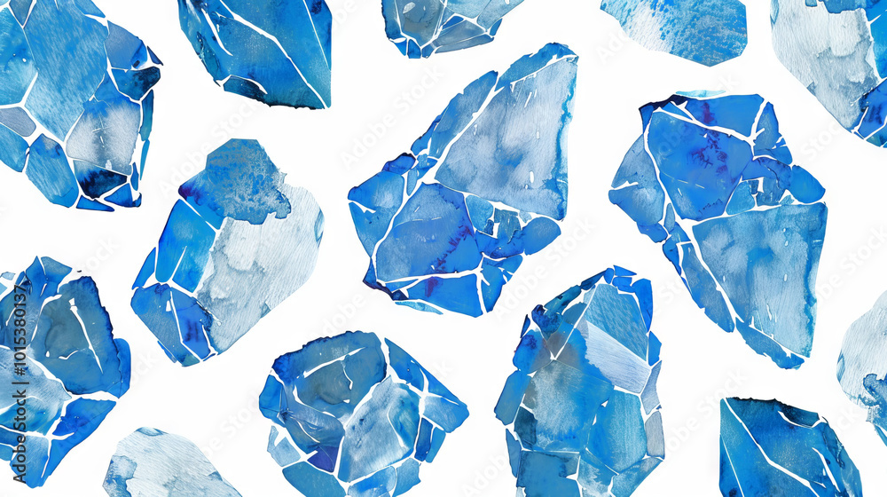 Naklejka premium Watercolor illustration of icy blue crystals on a white background. Concept of winter elements, gemstone texture, abstract pattern, and nature-inspired decoration