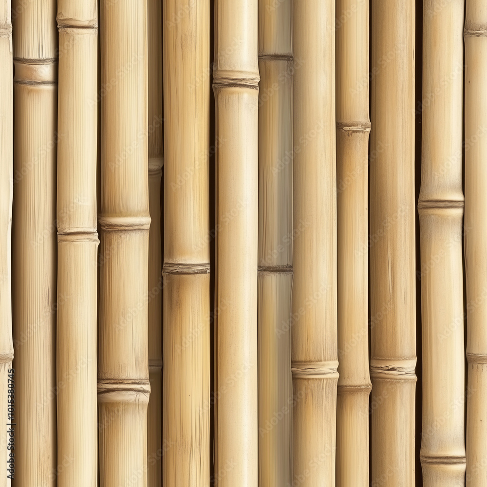 Fototapeta premium Seamless pattern of bamboo panels, showcasing natural vertical strips with warm, earthy tones and smooth texture, ideal for eco-friendly designs and organic-themed backgrounds