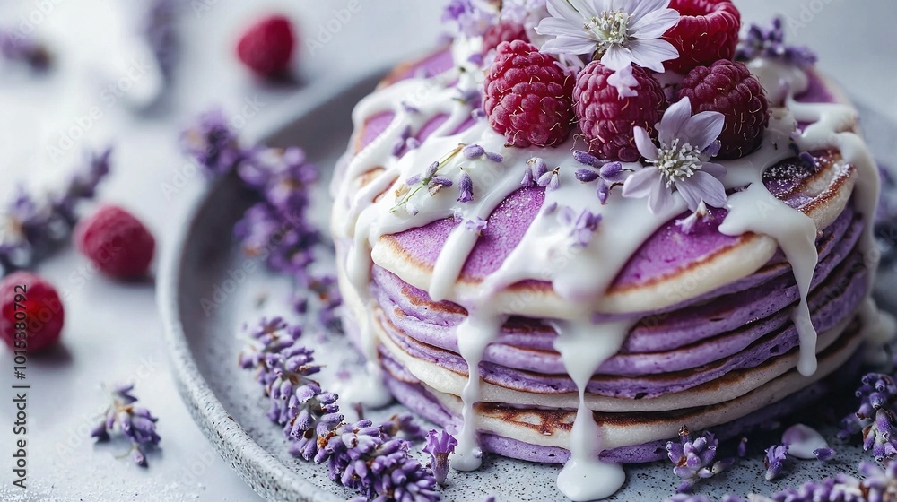 Fototapeta premium Stack of fluffy pancakes adorned with ripe raspberries, whipped cream, and iced drizzle, garnished with vibrant flowers