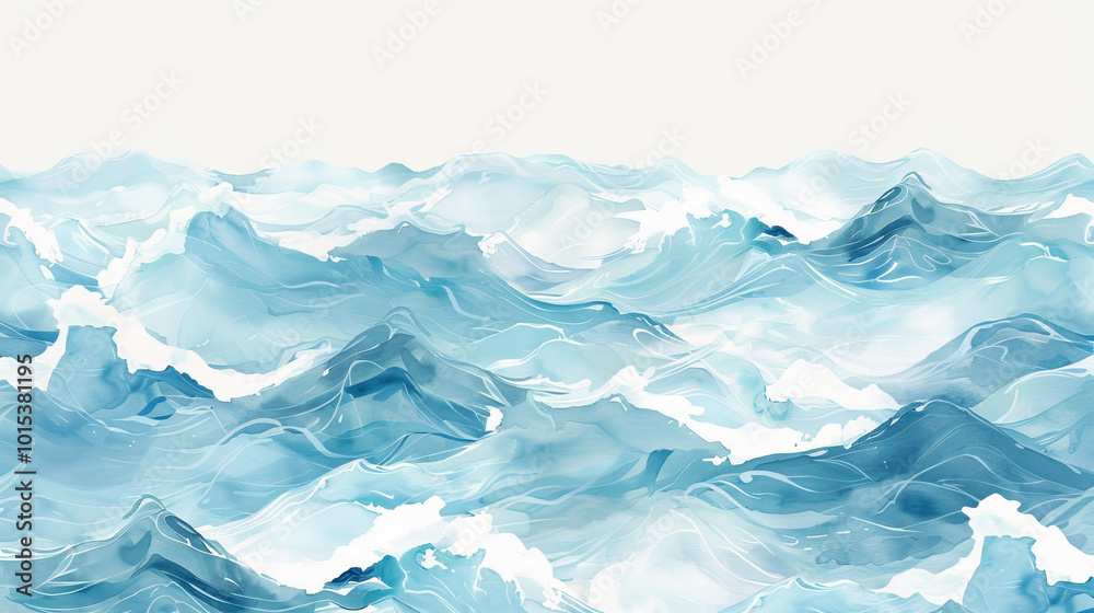 Obraz premium Watercolor Illustration of Turbulent Ocean Waves Reflecting Nature's Serenity and Power in Blue Tones. Background