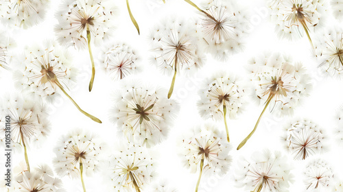 White Dandelion Seeds Pattern on Light Background, Concept of Nature's Beauty, Seasonal Change, Tranquility. Background