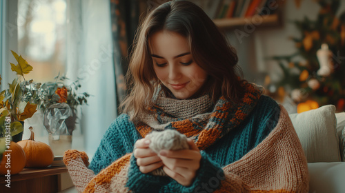 A Cozy Autumn Afternoon With a Woman Crafting a Warm Worsted Blanket at Home, Surrounded by Vibrant Fall Decorations and Soft Light