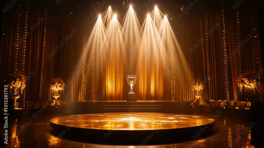 Obraz premium A dazzling stage with a spotlight shining on a trophy. This luxurious setting is perfect for a glamorous event, like a wedding or a special celebration.