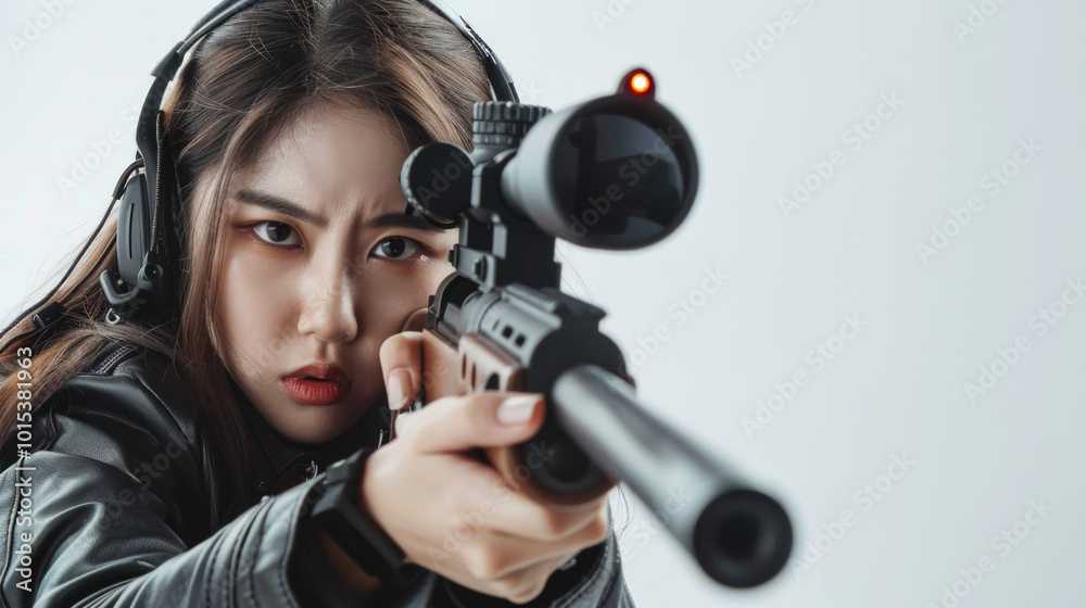Young Asian Woman in Protective Earmuffs Aiming a Rifle at a Target. Concept of Focus, Precision, Shooting Practice, Sports, Hobby, and Shooting Skills. Isolated on white background. Copy space Young Asian Woman in Protective Earmuffs Aiming a Rifle at a Target. Concept of Focus, Precision, Shooting Practice, Sports, Hobby, and Shooting Skills. Isolated on white background. Copy space