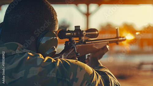 African American Man in Protective Earmuffs Shooting Target with Precision Rifle at Sunset. Concept of Focus, Outdoor Sport, Firearm Training. Copy space photo