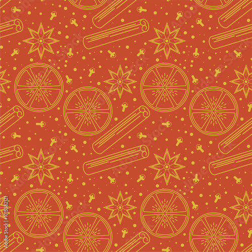 Seamless vector illustration print with ingredients for making mulled wine holiday autumn winter mood wallpaper Christmas background 