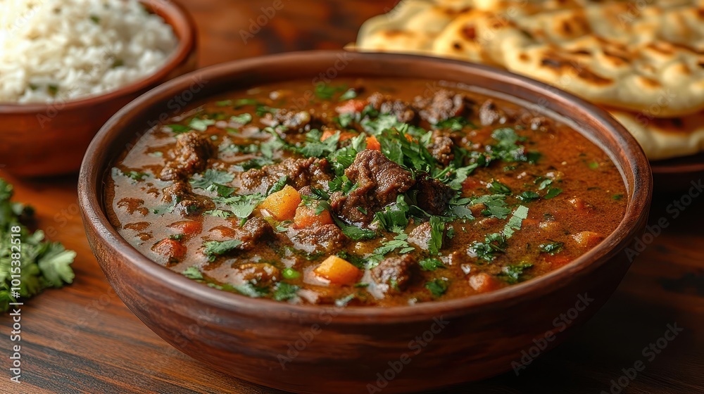 a delicious bowl of traditional indian beef soup garnished with fresh cumin and herbs accompanied by warm naan bread and a side of spiced rice showcasing vibrant colors and inviting textures a delicious bowl of traditional indian beef soup garnished with fresh cumin and herbs accompanied by warm naan bread and a side of spiced rice showcasing vibrant colors and inviting textures
