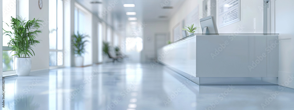 Fototapeta premium Spacious and Bright Blurred Hospital Reception with Modern Design Features. Concept of Healthcare Environment, Clean Spaces, and Welcoming Atmosphere. Banner. Copy space