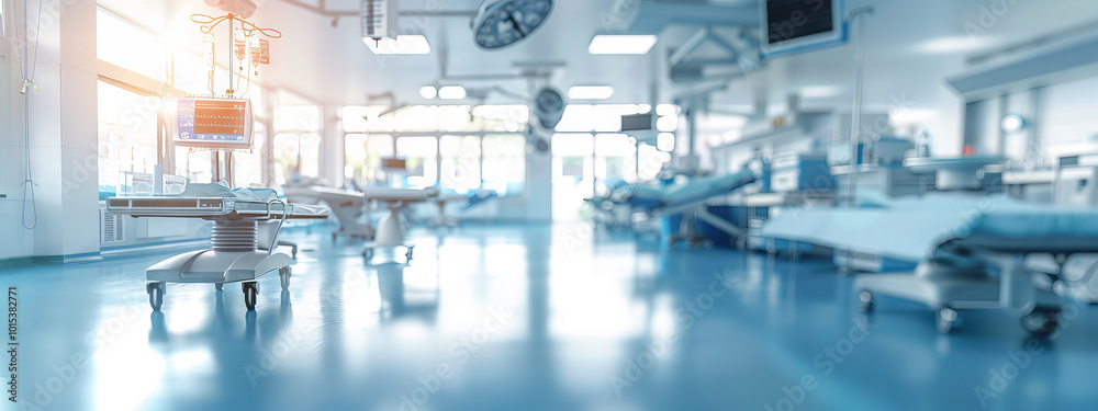 Empty Operating Room with Modern Equipment in Bright Lighting. Concept of Advanced Healthcare, Medical Technology, Clean Environment. Banner. Copy space Empty Operating Room with Modern Equipment in Bright Lighting. Concept of Advanced Healthcare, Medical Technology, Clean Environment. Banner. Copy space