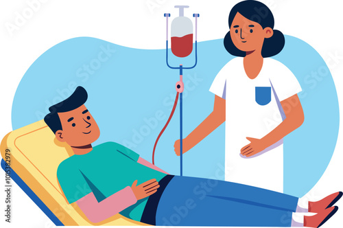Volunteer man sitting in medical hospital chair donating blood. World blood donor day illustration