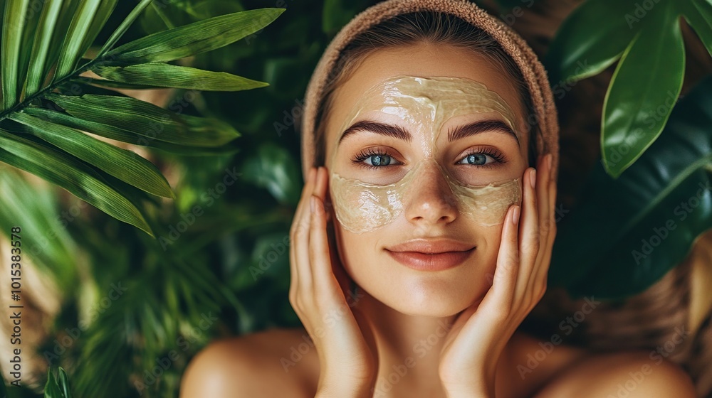 Woman with facial mask surrounded by greenery. Woman with facial mask surrounded by greenery.
