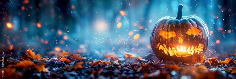 Glowing Jack O' Lanterns at night. Halloween Background Glowing Jack O' Lanterns at night. Halloween Background
