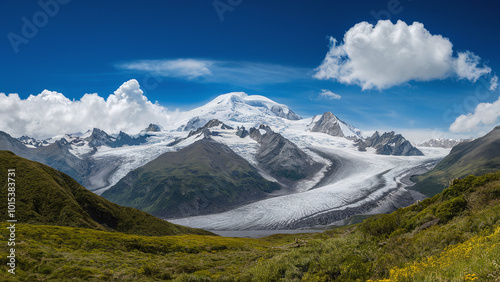 A breathtaking view of the Andes Mountains with a snow-capped peak and glacier. The lush green vegetation, yellow wildflowers, and clear blue sky with white clouds enhance the serene.