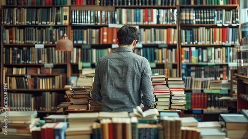 Young Caucasian Man Organizing Books in a Cozy Library. Concept of Literary Passion, Education Enthusiasm, and Knowledge Pursuit