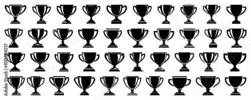 Flat trophy winner cup silhouettes. Black vector illustrations on transparent background. Victory symbol, award cup, winning cups silhouette collection. Win logo. Champions cup illustration sign