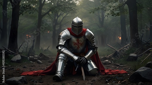Knight in Full Armor Kneeling in Prayer Amidst a Battlefield ,Symbol of Honor, Sacrifice, and Medieval Warfare