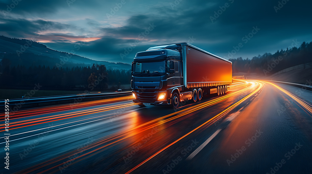 Truck driving on a nighttime highway with motion blur from car headlights, creating light trails--depicting a futuristic, high-speed logistics scene Truck driving on a nighttime highway with motion blur from car headlights, creating light trails--depicting a futuristic, high-speed logistics scene