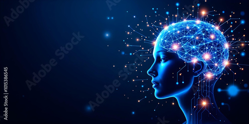 Side profile of digital human brain with glowing neural connections in futuristic environment, representing artificial intelligence and cognitive computing in a digital, cyber world