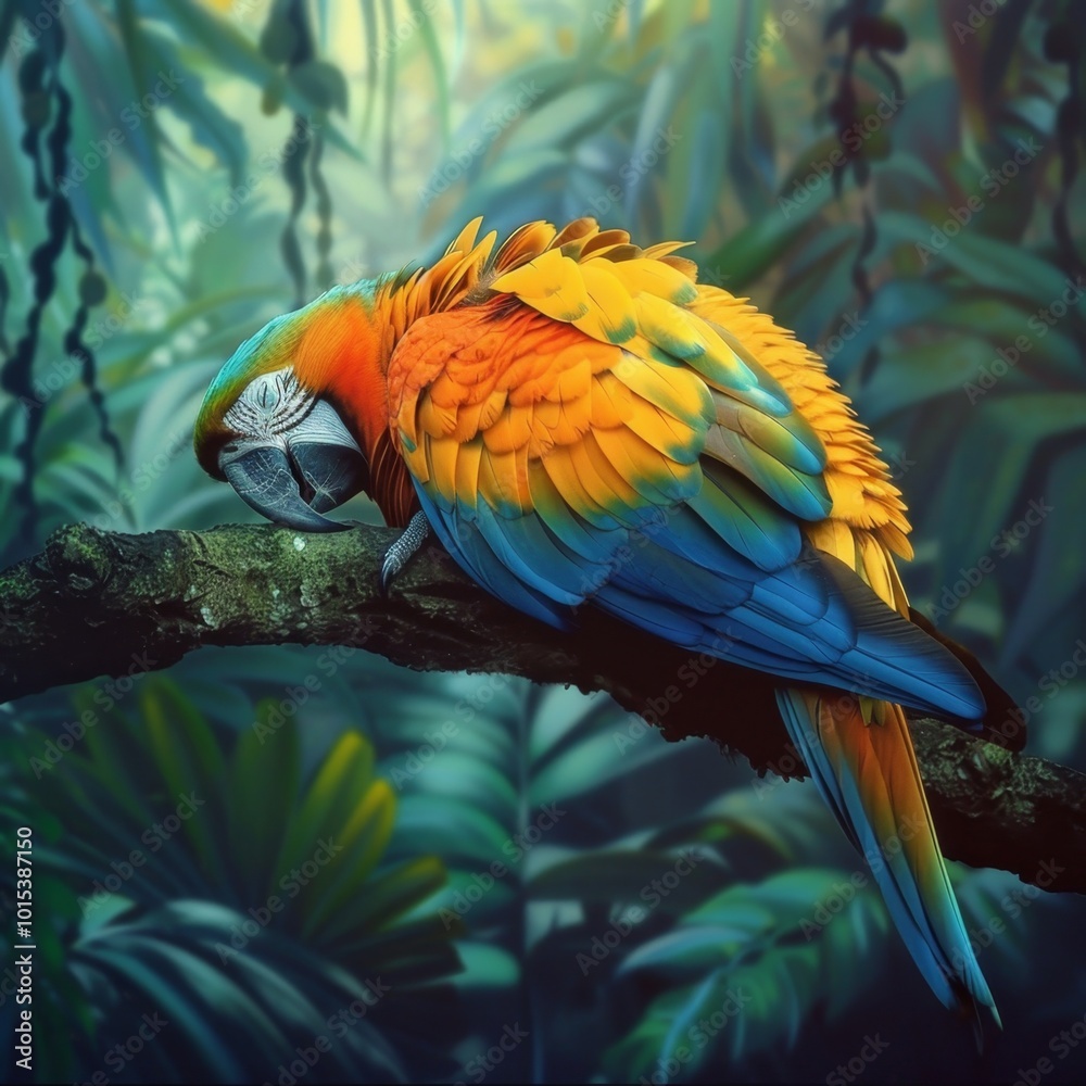 Fototapeta premium A colorful parrot is resting on a branch in a lush green forest