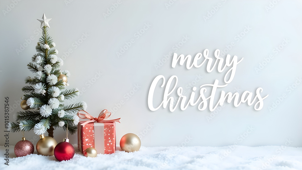 Christmas holiday white background photography with white Letters Merry Christmas on white background with small snow Christmas tree, small houses, gifts and balls
