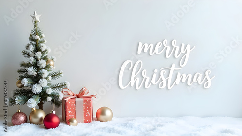 Obraz na płótnie Christmas holiday white background photography with white Letters Merry Christmas on white background with small snow Christmas tree, small houses, gifts and balls w salonie