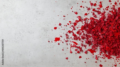 An assortment of blood splashes in various sizes and patterns spreads out over a textured concrete surface, creating a striking contrast with the background, ideal for horror concepts