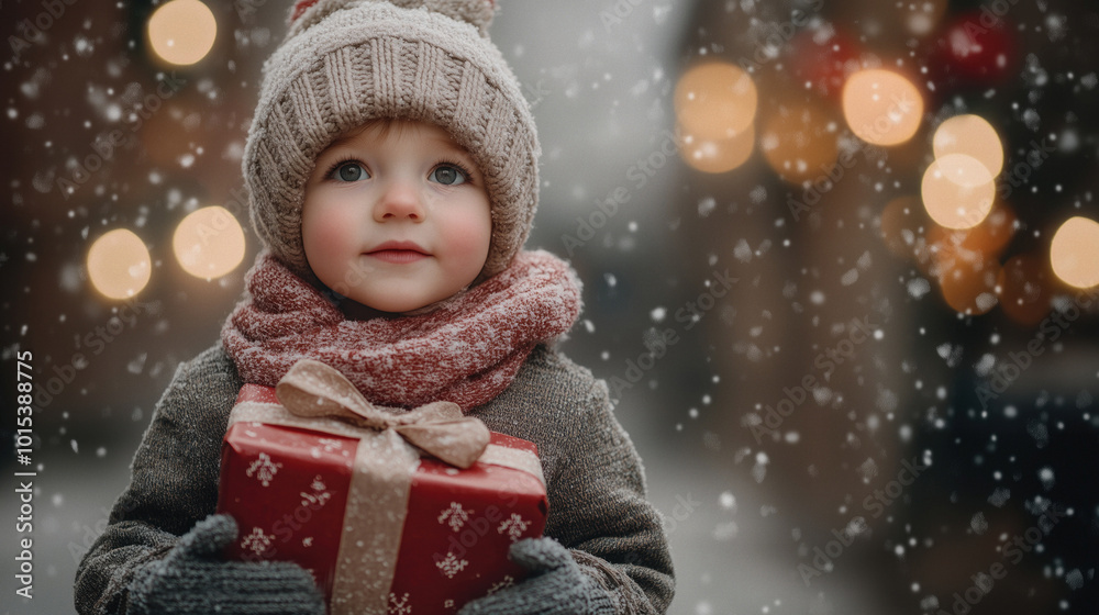 Little happy boy with christmas presents in his hands, christmas lights and snowfall in the background, big editable space. Little happy boy with christmas presents in his hands, christmas lights and snowfall in the background, big editable space.