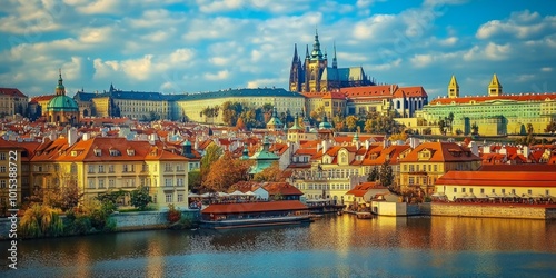 A picturesque view of Prague with stunning architecture and vibrant colors. This landscape captures the essence of travel and exploration. Ideal for tourism and cityscapes. AI