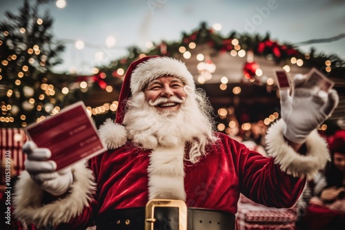 Jolly santa claus at festive christmas market spread cheer and joy photo