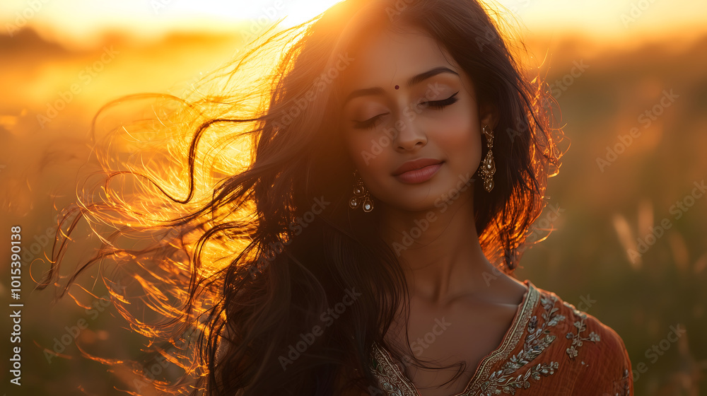 Beautiful ethereal cute indian woman captured in a warm light and dynamic hair while moving Beautiful ethereal cute indian woman captured in a warm light and dynamic hair while moving