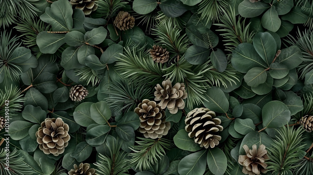 Obraz premium Seamless pattern of green leaves and pine cones creating a natural and vibrant texture 