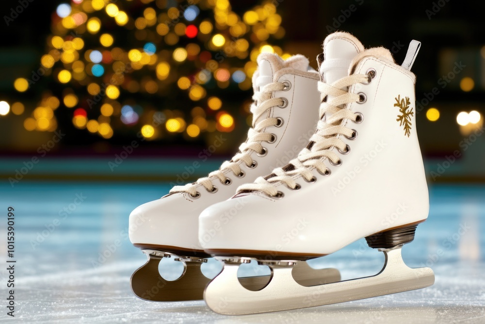 Elegant white ice skates on winter rink with festive lights in background Elegant white ice skates on winter rink with festive lights in background