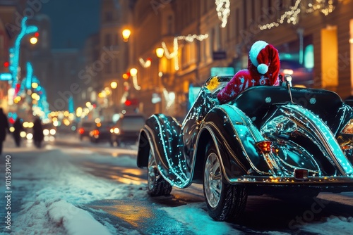 Festive santa claus driving classic car on snowy street at night photo