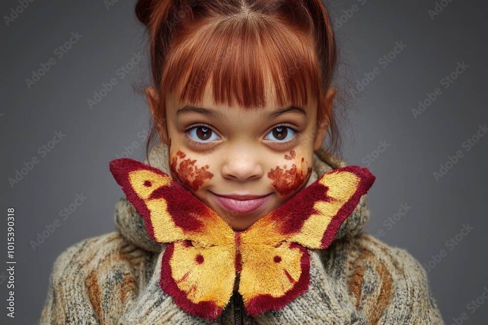 Smiling girl with red hair and butterfly painted on her face Smiling girl with red hair and butterfly painted on her face