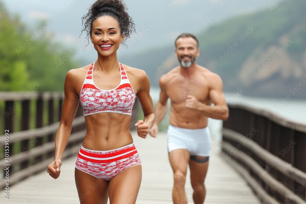 Fit couple jogging on scenic wooden bridge with mountain views in summer Fit couple jogging on scenic wooden bridge with mountain views in summer