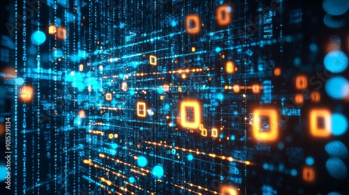 This is an abstract illustration illustrating a digital data technology concept in blue binary code with a matrix of random binary data on top.