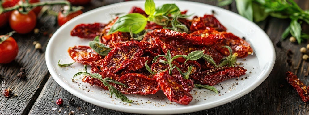 sun-dried tomatoes in a white plate. Selective focus sun-dried tomatoes in a white plate. Selective focus