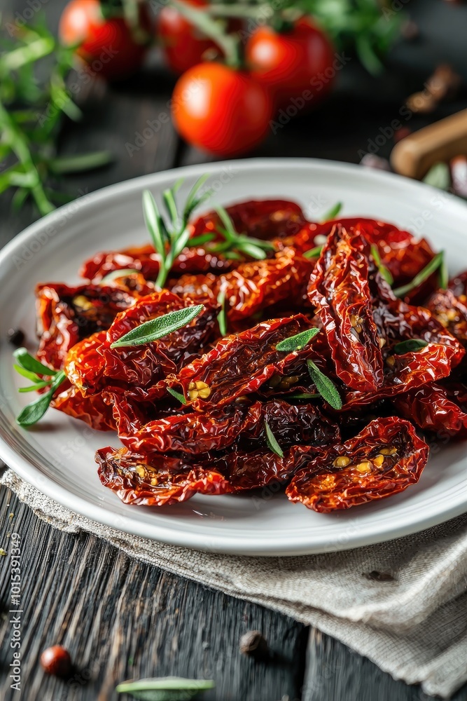 sun-dried tomatoes in a white plate. Selective focus sun-dried tomatoes in a white plate. Selective focus