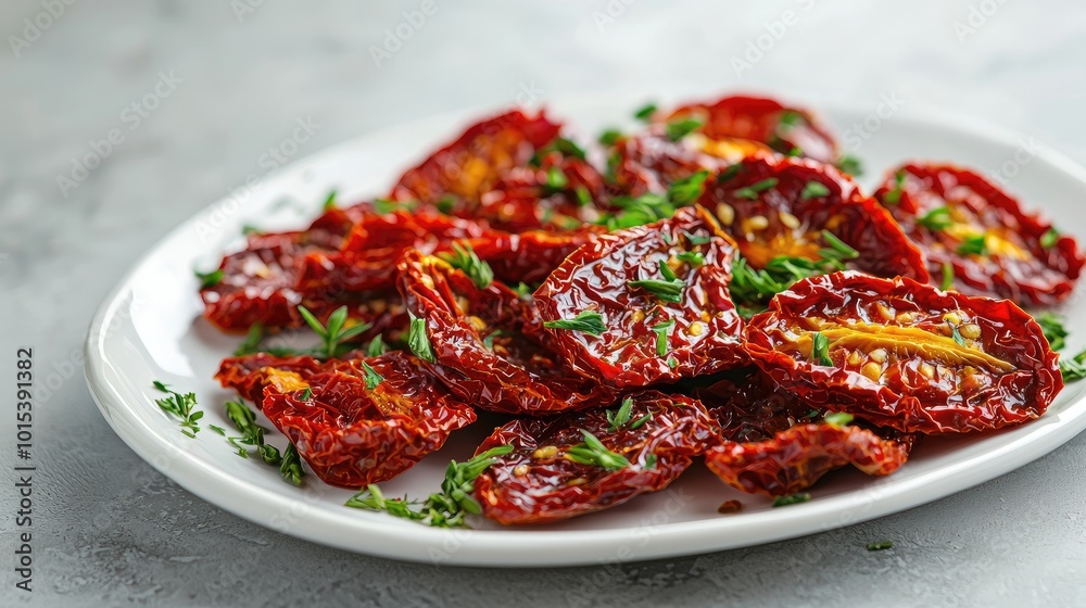 sun-dried tomatoes in a white plate. Selective focus sun-dried tomatoes in a white plate. Selective focus