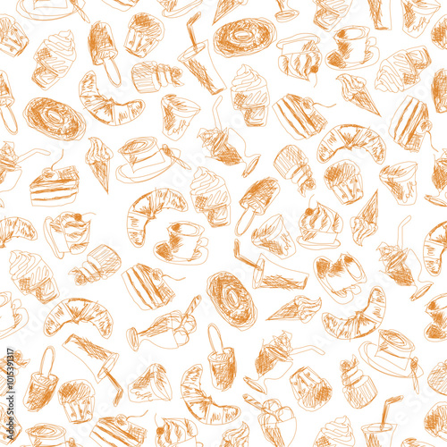 Seamless pattern with drinks an desserts art print for textile, paper, wallpaper decor design food kitchen cafe restaurants	
