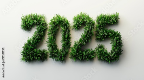 New Year 2025 made of grass on white background. 3d illustration