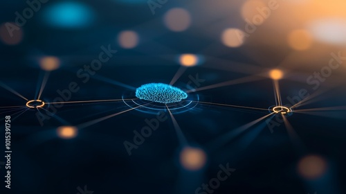 A central glowing blue AI brain icon is surrounded by interconnected geometric lines and symbols, set against a gradient background from dark to light blue, illustrating digital integration