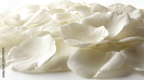 Flowers in white blooms adorn a table covered in white cloth and topped with a matching bed of petals