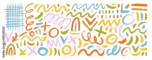 Collection of hand drawn squiggles, curved strokes, scribbles and brush drawn doodles. Colorful marker scribbles.