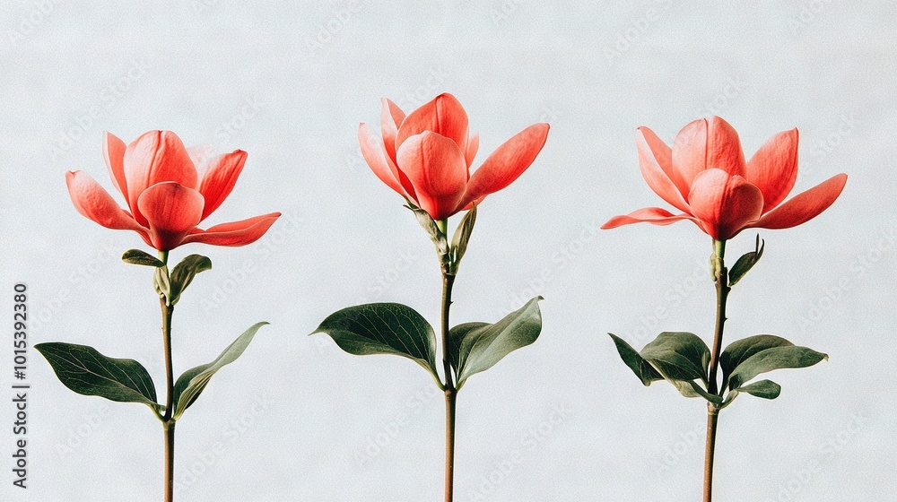Obraz premium Three red flowers with green leaves in front of a light blue sky with a few clouds in the background