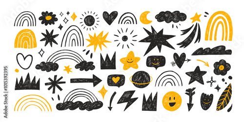 Naive graphic style doodle shape stickers, childish figures. Naive playful abstract shapes sticker pack in kid's style. Crayon-drawn stickers for collages and social media. Primitive art elements.