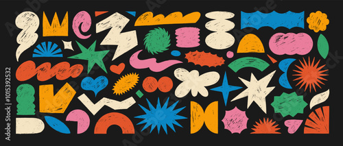 Funky abstract crayon drawn doodle shapes. Geometric sticker elements, colorful vector doodle figures.