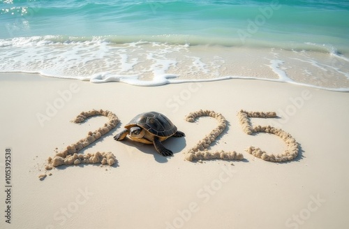 Sea turtle walking on beach near 2025 written in sand photo