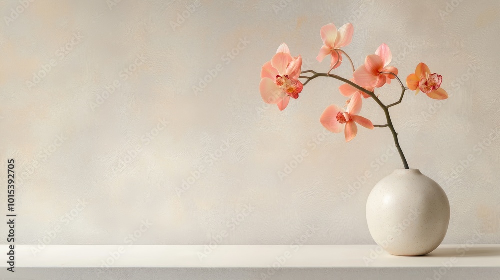 A delicate flower in a small vase on a white table against a soft background. A delicate flower in a small vase on a white table against a soft background.